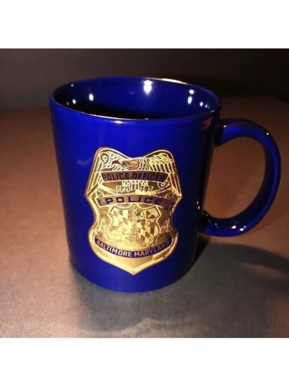Blue Ceramic Mug With Baltimore Maryland Police Officer Badge Design